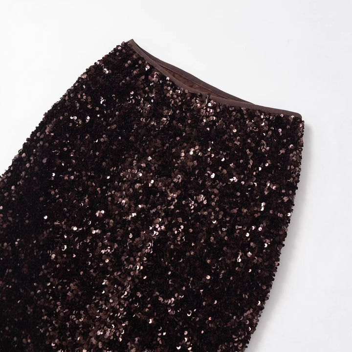 Women Sequin Pencil Skirt with Tailored Midi Length Mune Fashion