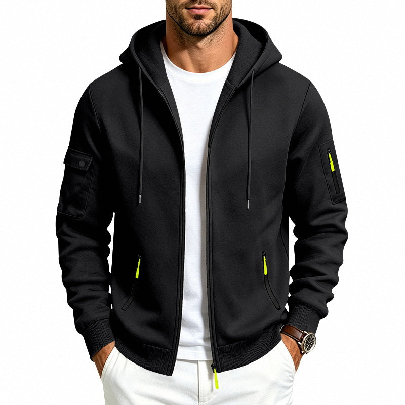 Men's Hooded Zipper Jacket with Arm Pockets, Contrast Zipper and Ribbed Cuffs Mune Fashion