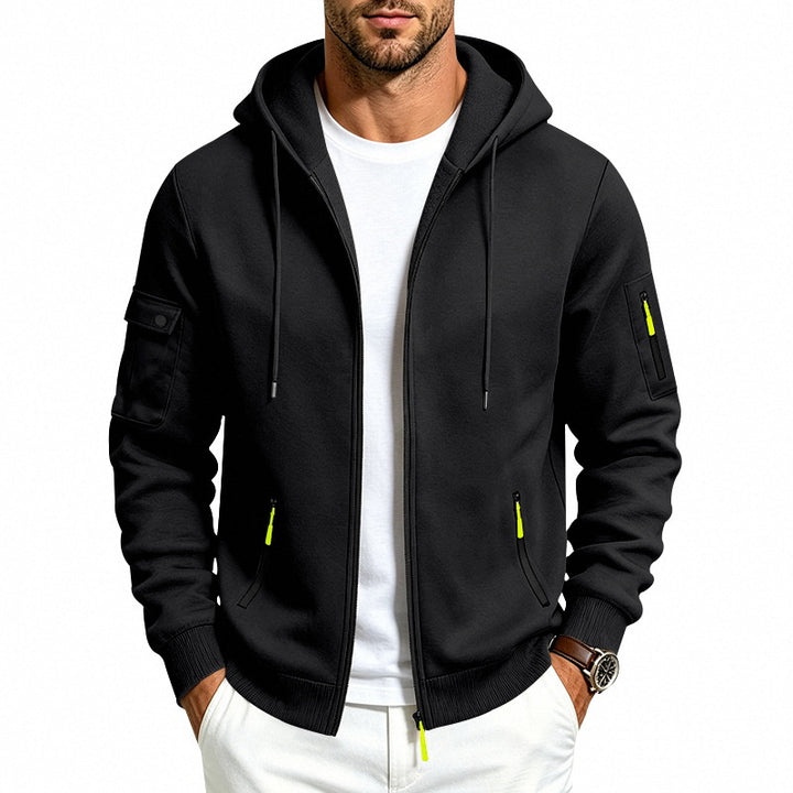 Men's Hooded Zipper Jacket with Arm Pockets, Contrast Zipper and Ribbed Cuffs Mune Fashion