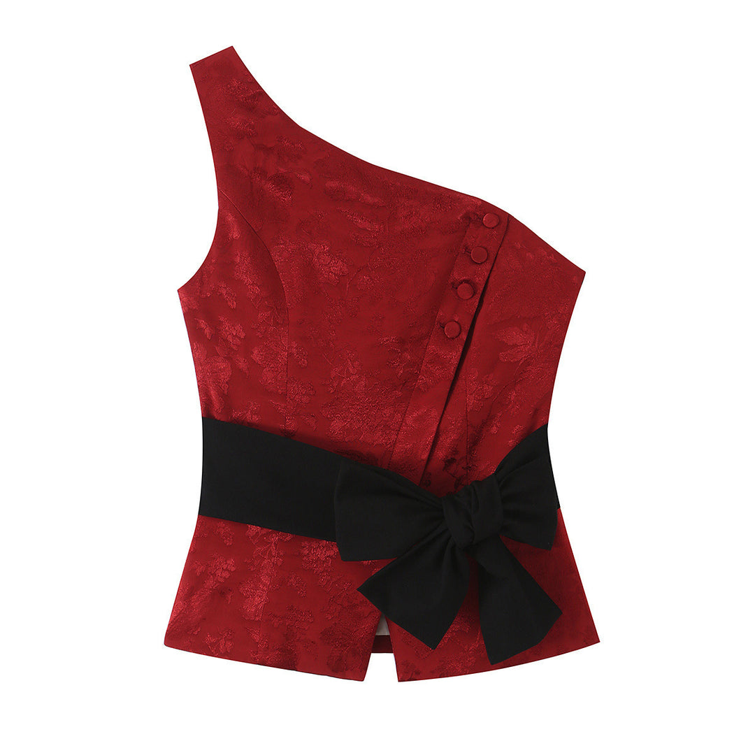 Women's One-Shoulder Jacquard Top with Waistband and Decorative Bow Mune Fashion