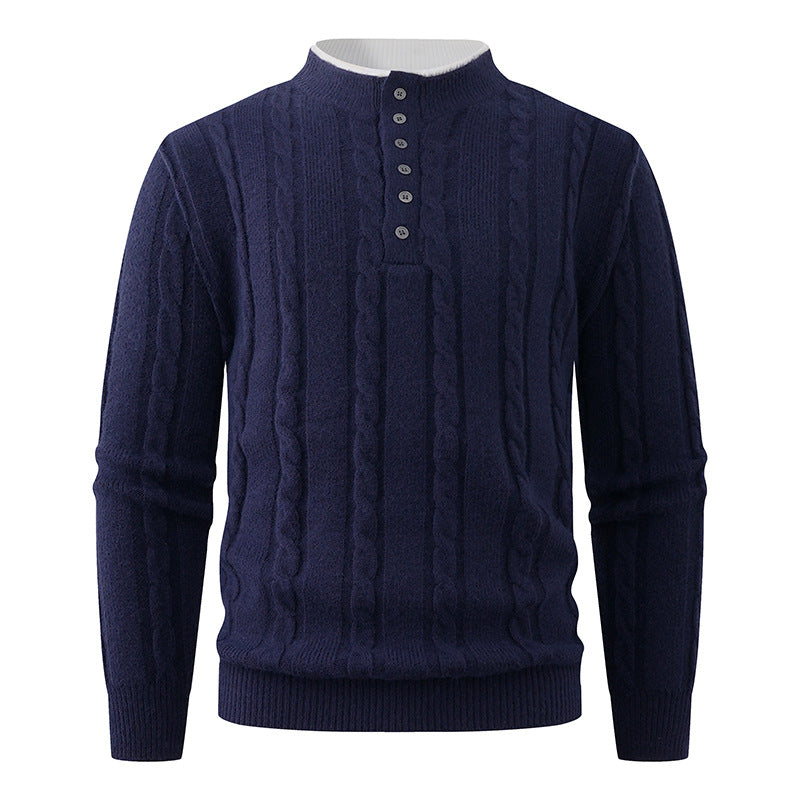 Men's Structured Cable Knit Sweater with Button Placket and Stand Collar Mune Fashion