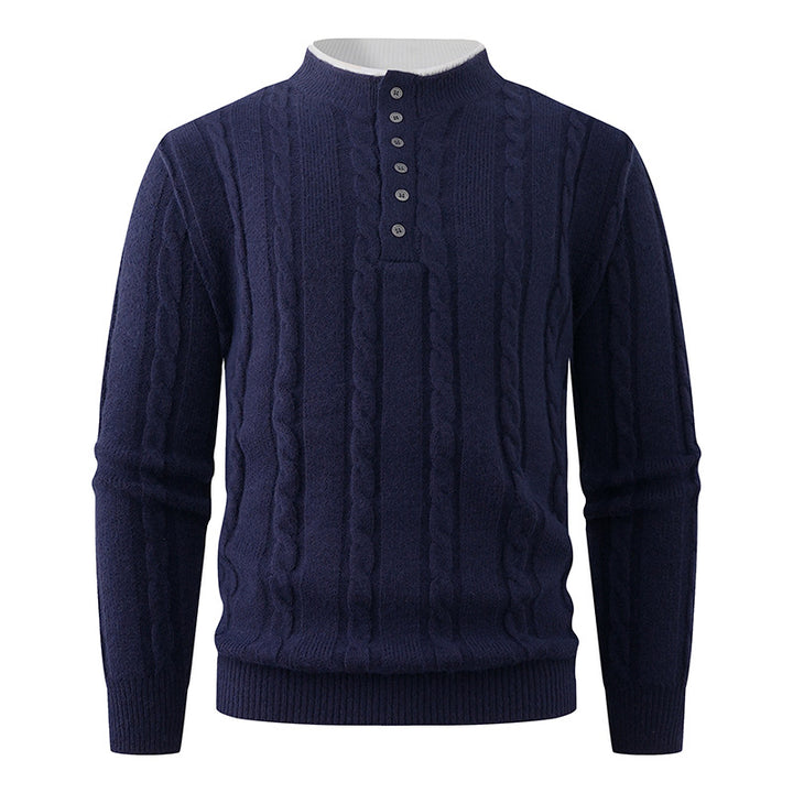 Men's Structured Cable Knit Sweater with Button Placket and Stand Collar Mune Fashion