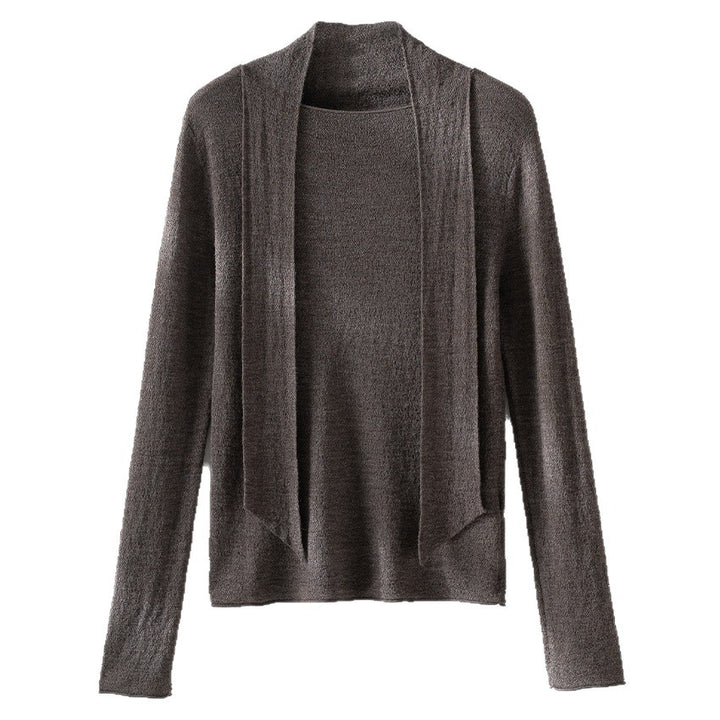 Women Fine Fine Knit Sweater with Shawl Collar and Asymmetric Loop Detail Mune Fashion