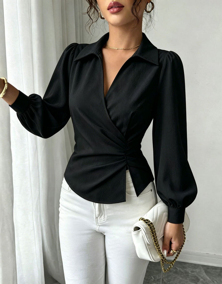 Women’s wrap blouse with waist gathering, shirt collar, and balloon sleeves Mune Fashion
