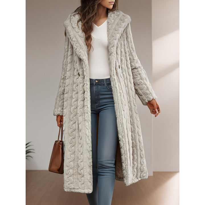 Women's Long Hooded Teddy Coat with Cable Knit Look Mune Fashion