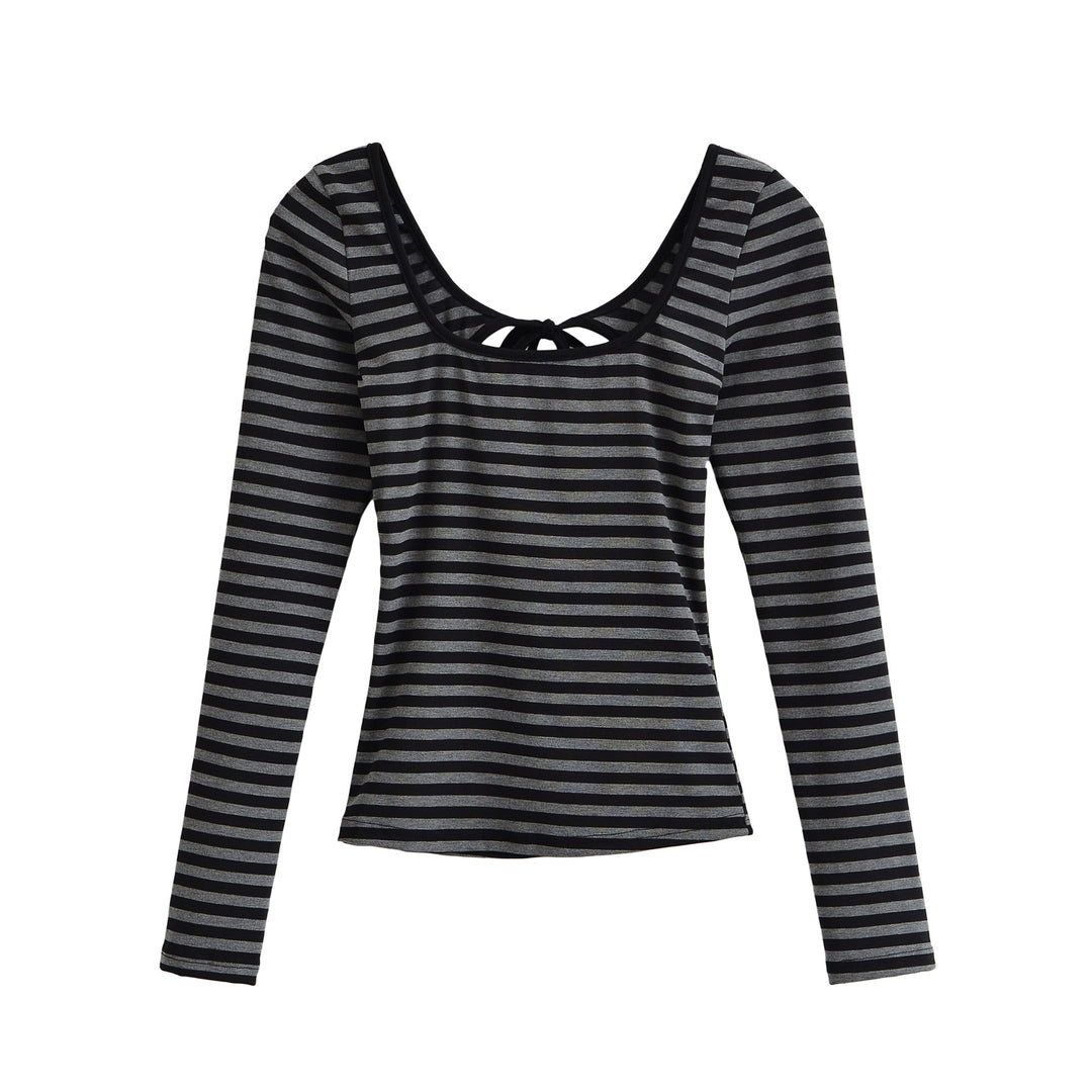 Women's striped long-sleeve shirt with deep round neckline and decorative bow tie