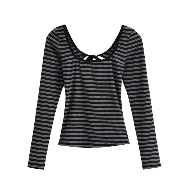 Women's striped long-sleeve shirt with deep round neckline and decorative bow tie