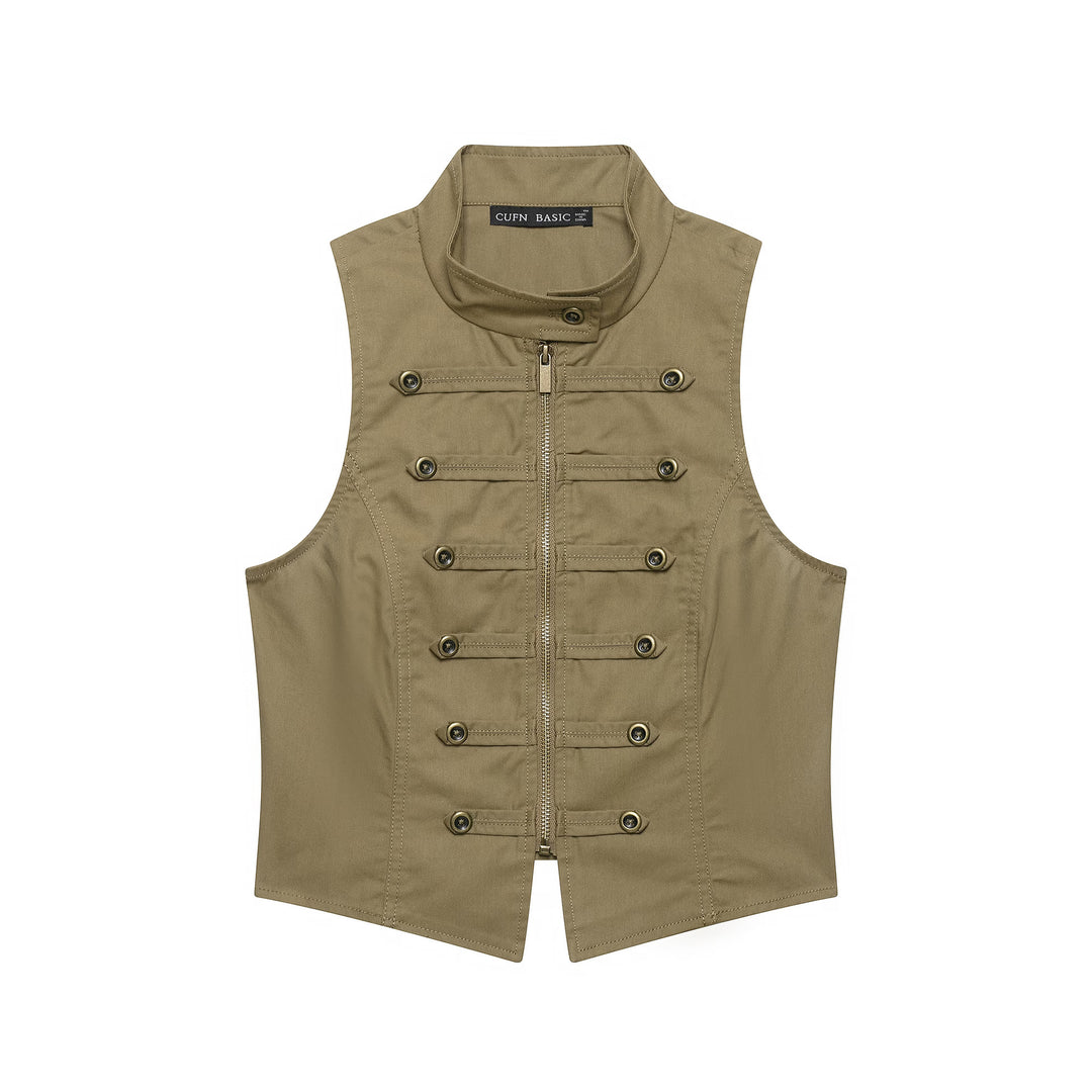 Ladies Tailored Canvas Vest with Front Zipper and Decorative Button Ribbons Mune Fashion