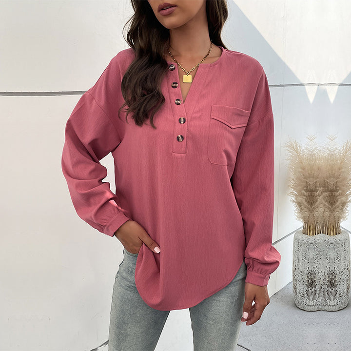 Women's Textured Henley Blouse Shirt with Button Placket and Chest Pocket Mune Fashion