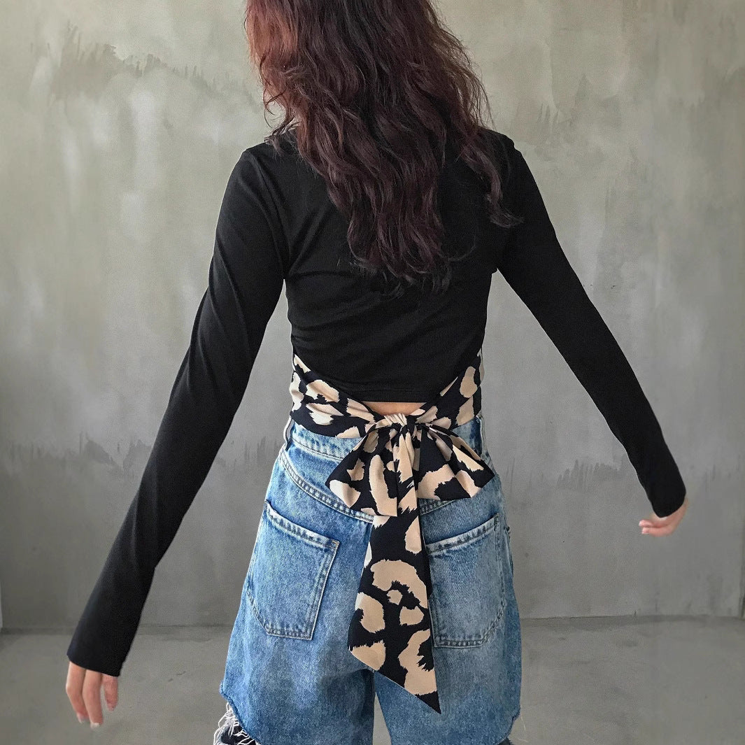 Women's Cropped Wrap Top with Back Bow and Printed Tie Belt Mune Fashion
