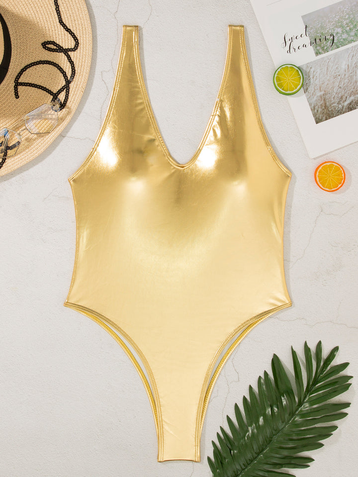 Women's One-Piece Swimsuit with Glossy Surface and Modern V-Neck Mune Fashion