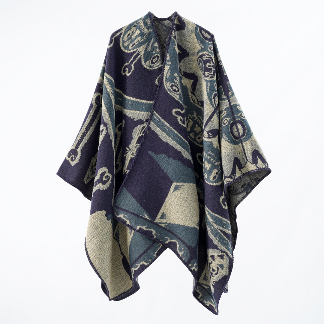 Women's Jacquard Cape Poncho with Musical Ornament and Rolled Edge Mune Fashion