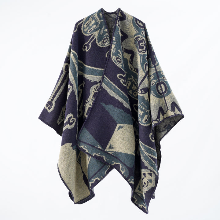 Women's Jacquard Cape Poncho with Musical Ornament and Rolled Edge Mune Fashion