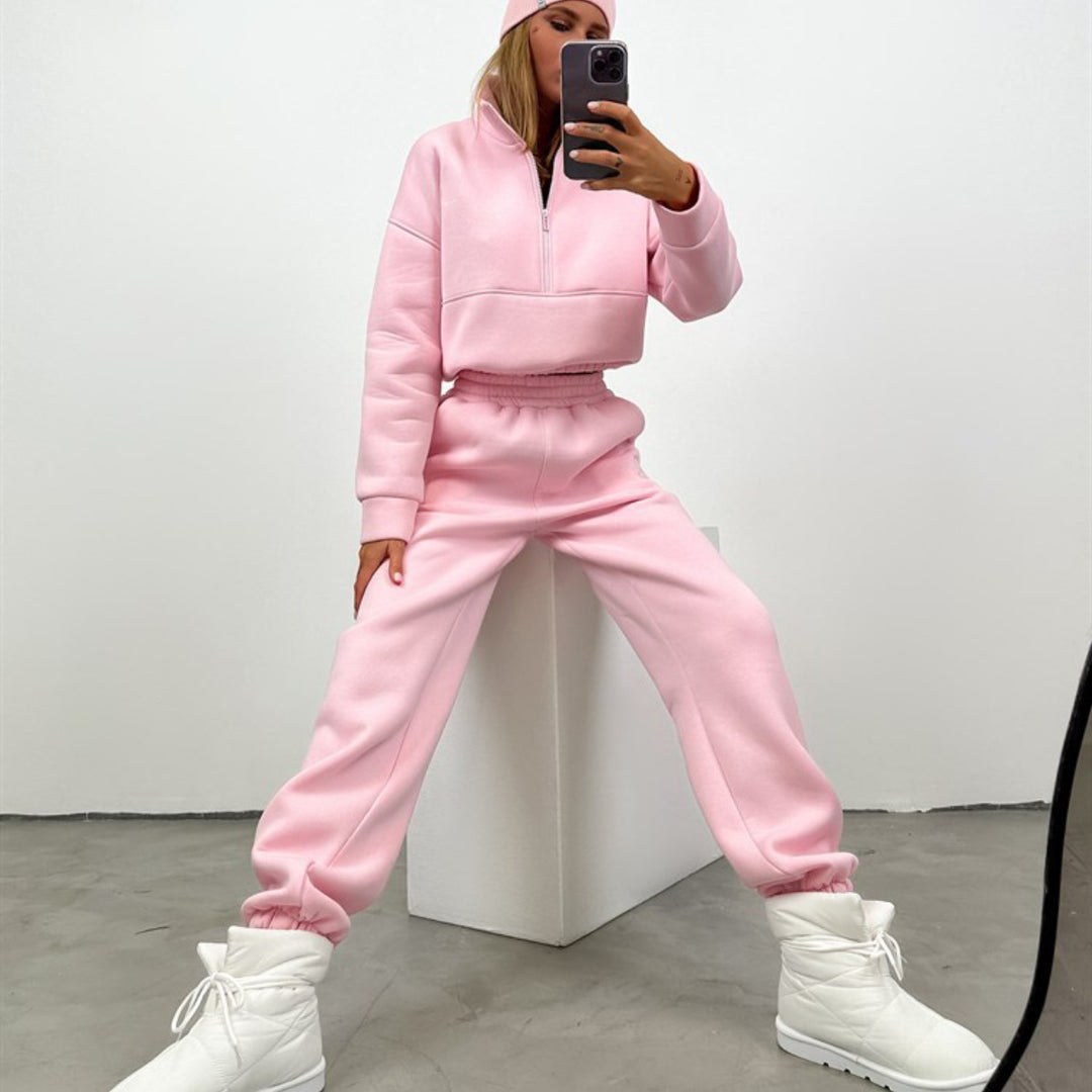 Women's cropped Half-Zip fleece set two-piece with high waistband and elastic cuffs Mune Fashion