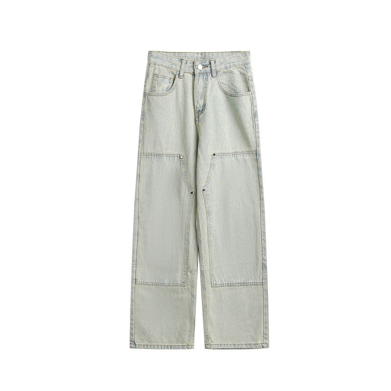 Women's Wide Utility Denim Trousers with Knee Patch, High Waist and Straight Leg Mune Fashion