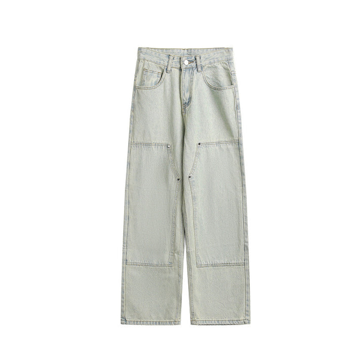Women's Wide Utility Denim Trousers with Knee Patch, High Waist and Straight Leg Mune Fashion