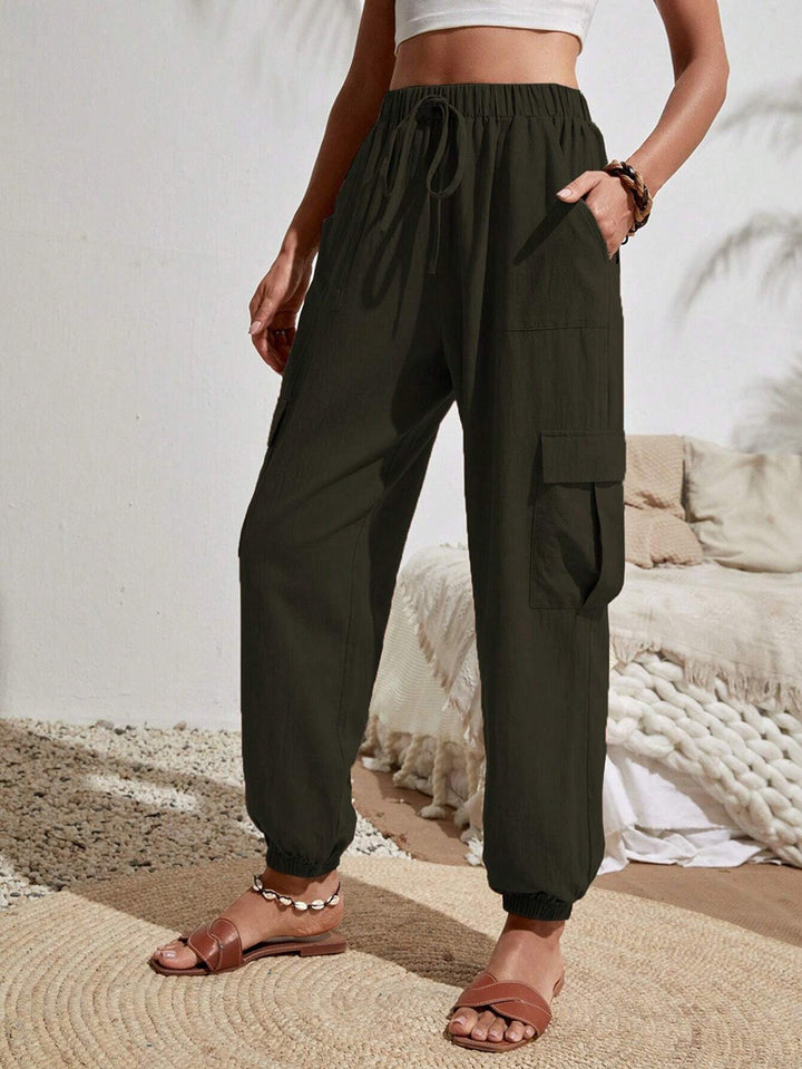 Women Cargo Jogging Pants with Elastic Waistband, Drawstring and Patch Pockets Mune Fashion