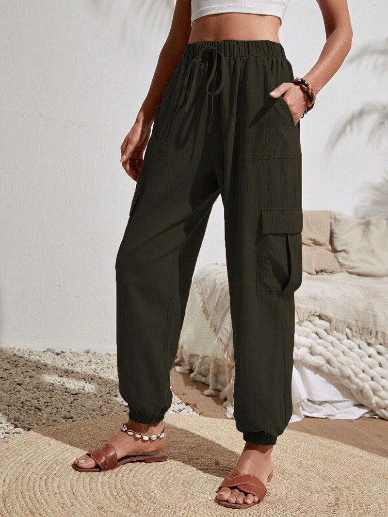 Women's Lightweight Cargo Jogging Pants with Drawstring, Elastic Waistband and Elastic Cuffs Mune Fashion