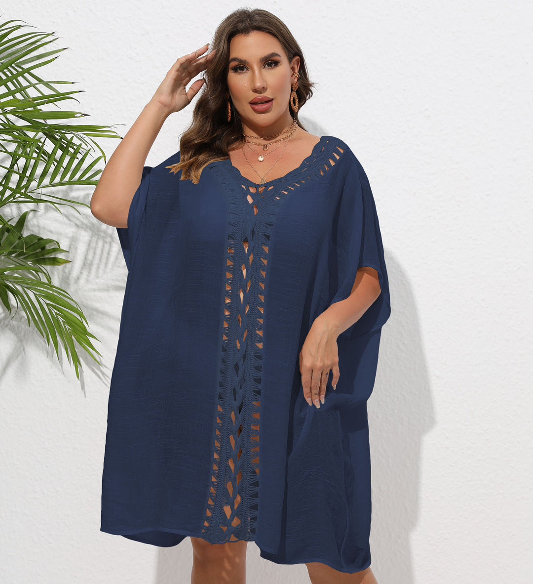 Women Airy Beach Kimono with Decorative Crochet Lace Mune Fashion