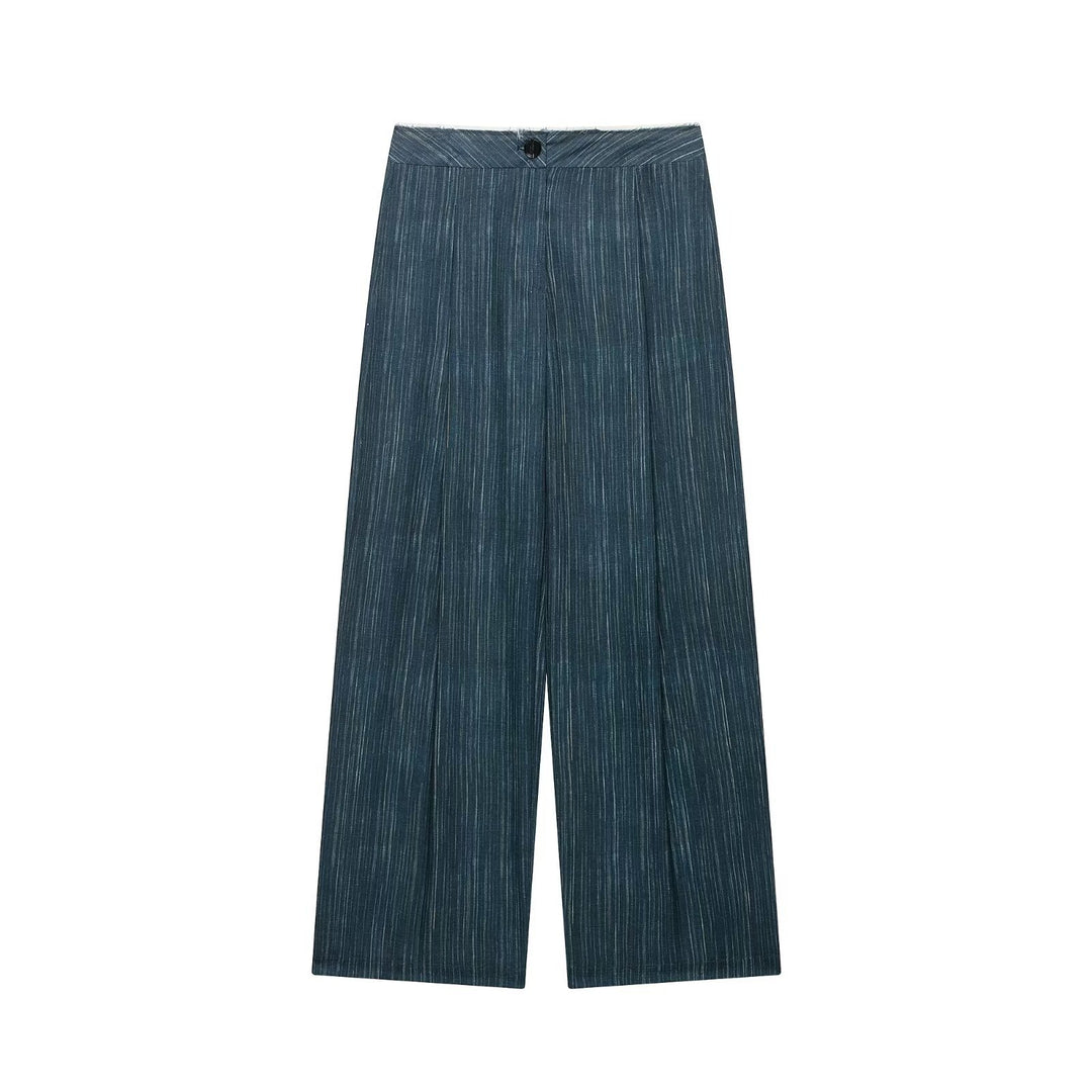 Women's Two-Piece Pinstripe Set with Stand Collar Blazer and High Waist Palazzo Pants Drune