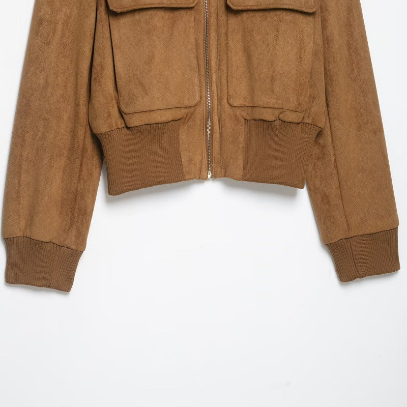 Women's Short Suede Look Bomber Jacket with Stand Collar, Flap Pockets and Ribbed Cuffs Mune Fashion