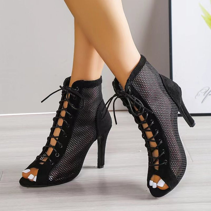 Women's lace-up booties with open toe, mesh inserts, and denim look Mune Fashion