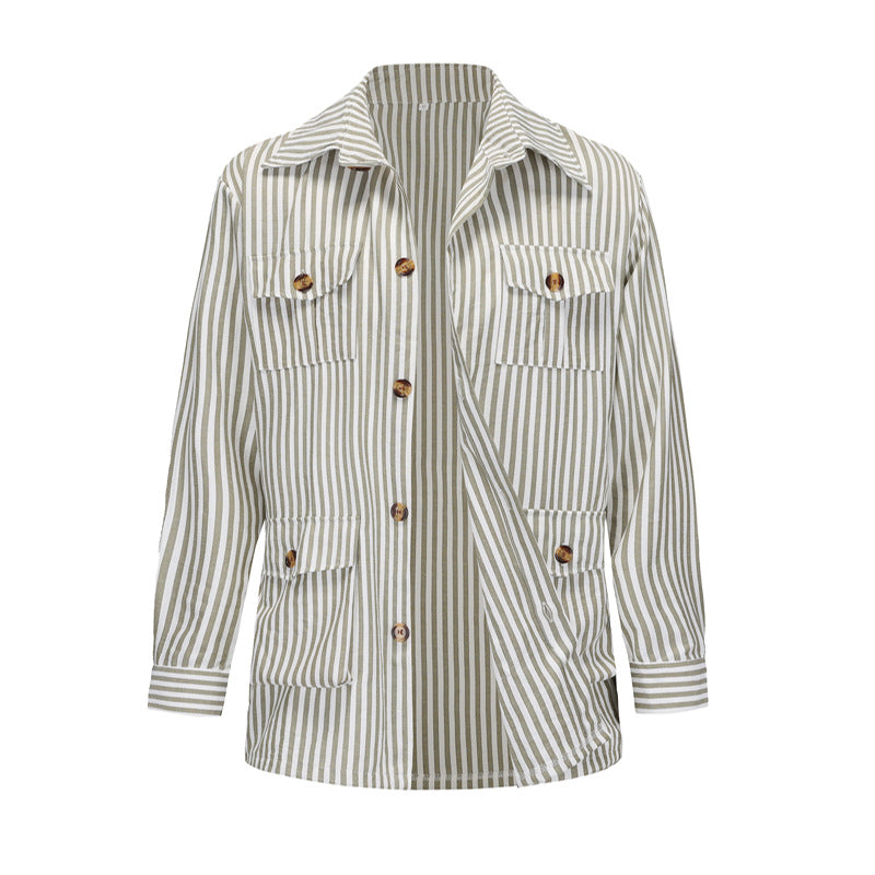 Women's striped shirt jacket made of cotton blend with patch breast and hip pockets Mune Fashion