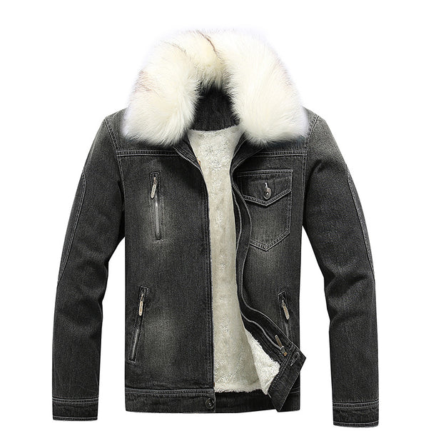 Men's denim jacket with teddy lining, faux fur collar and multifunctional zip pockets Mune Fashion
