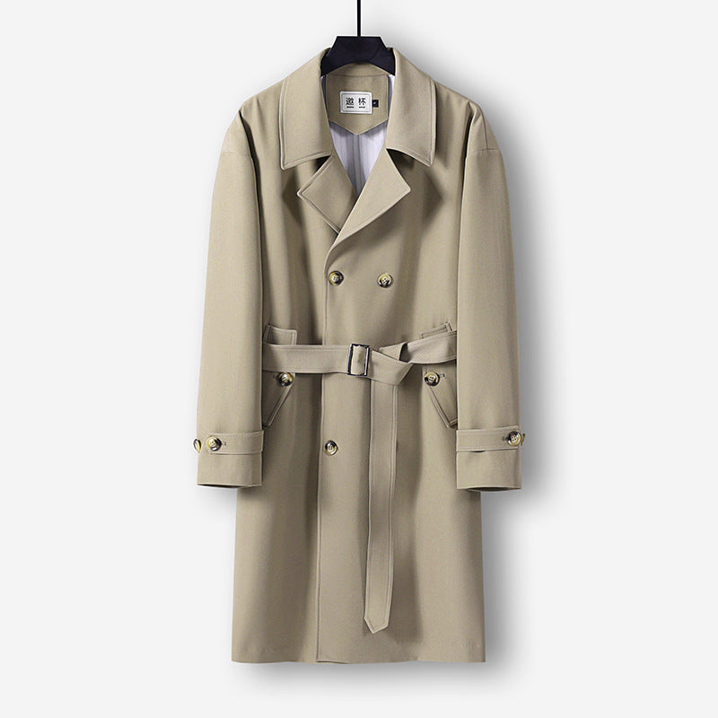 Men's Modern Knee-Length Double-Breasted Trench Coat with Waist Belt Mune Fashion