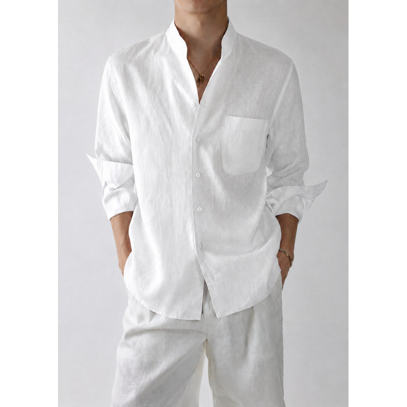 Men's Lightweight Linen Shirt with Stand-Up Collar and Chest Pocket Mune Fashion