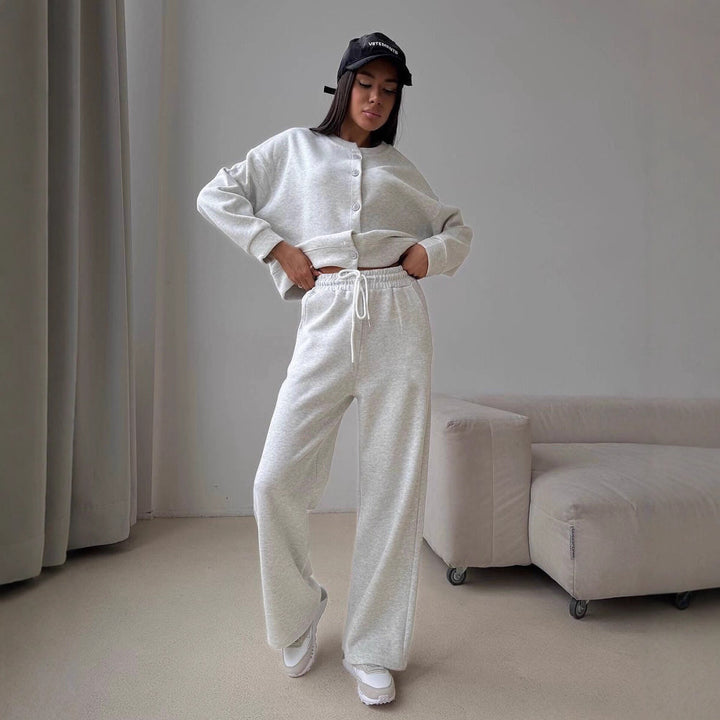 Women's Buttoned Cropped Lounge Set with Oversized Cardigan and High-Waisted Wide-Leg Jogging Pants Mune Fashion