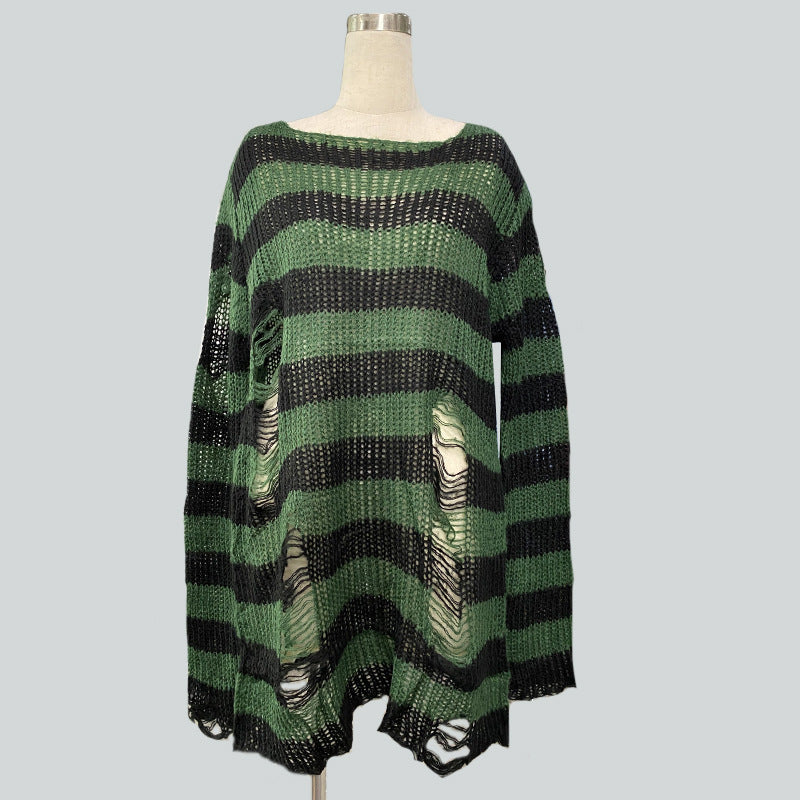 Women's oversized chunky knit sweater with wide block stripes and distressed design Mune Fashion