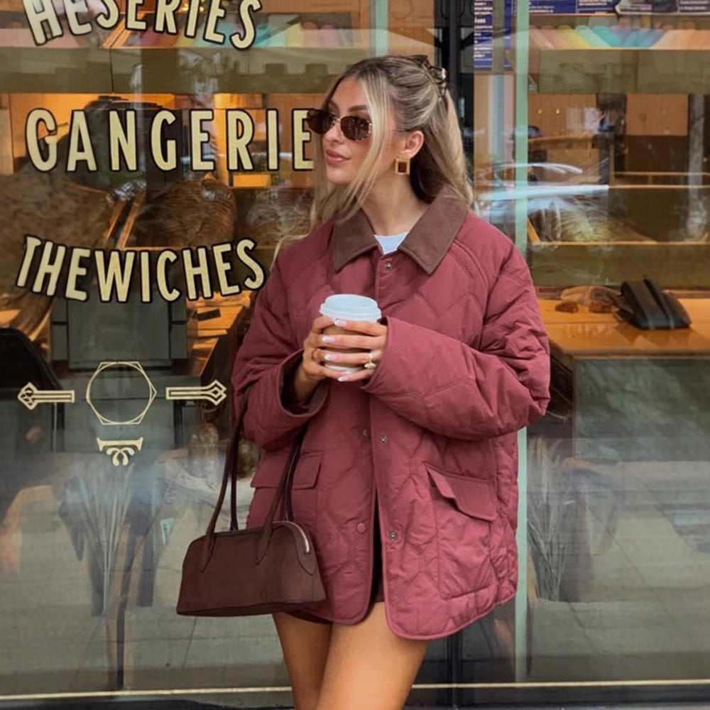 Women's quilted oversized jacket with cord collar, snap button closure and patch flap pockets Mune Fashion