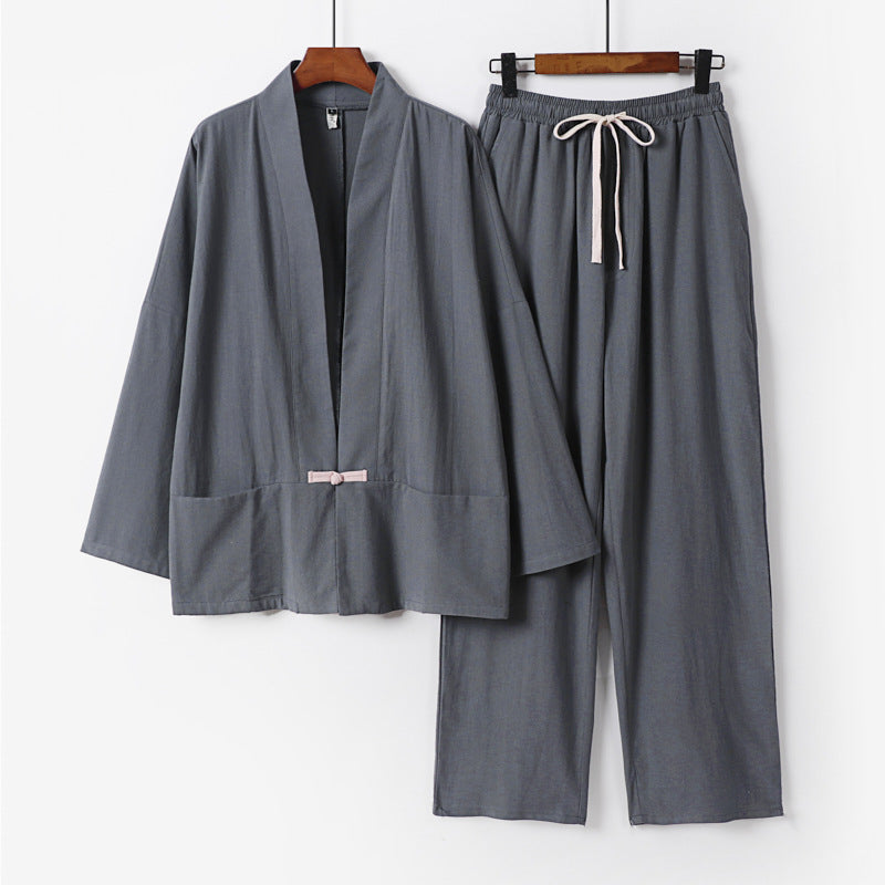 Men's Zen-inspired kimono loungewear set made of lightweight cotton blend with open cut and drawstring pants Mune Fashion