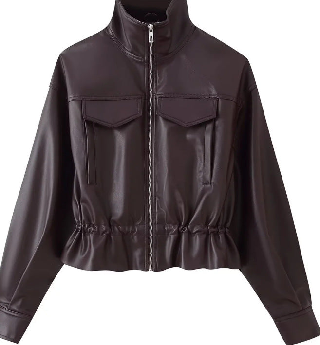 Women cropped faux leather jacket with stand collar, zipper and tailored smocking Mune Fashion