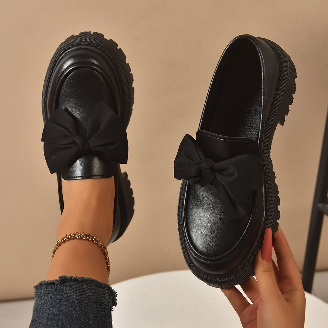 Women's Shiny Platform Loafers with Oversized Decorative Bow and Chunky Profile Sole Mune Fashion