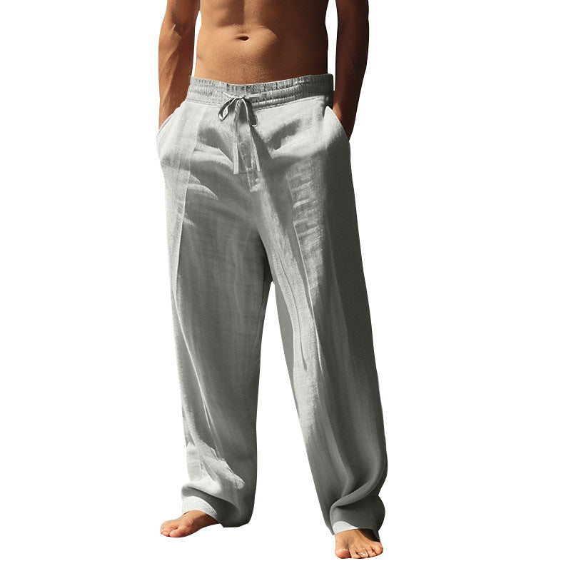 Men's relaxed fit palazzo pants made of linen blend with decorative crease and drawstring Mune Fashion