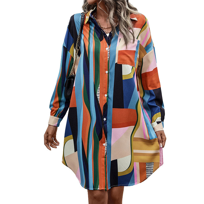 Women's shirt dress with graphic block stripes, fitted belt & continuous button placket Mune Fashion