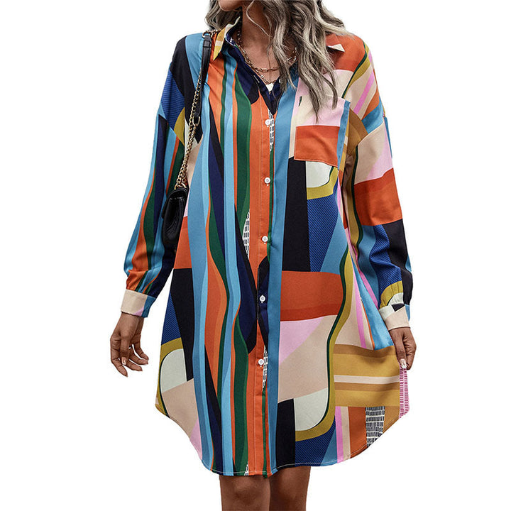 Women's shirt dress with graphic block stripes, fitted belt & continuous button placket Mune Fashion