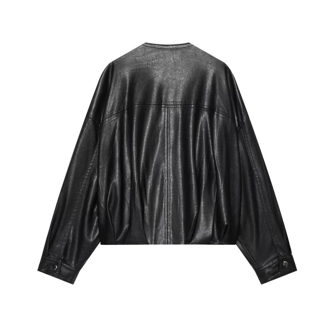 Women's Oversized Faux Leather Bomber Jacket with Round Neck, Dropped Shoulder and Elastic Hem Mune Fashion