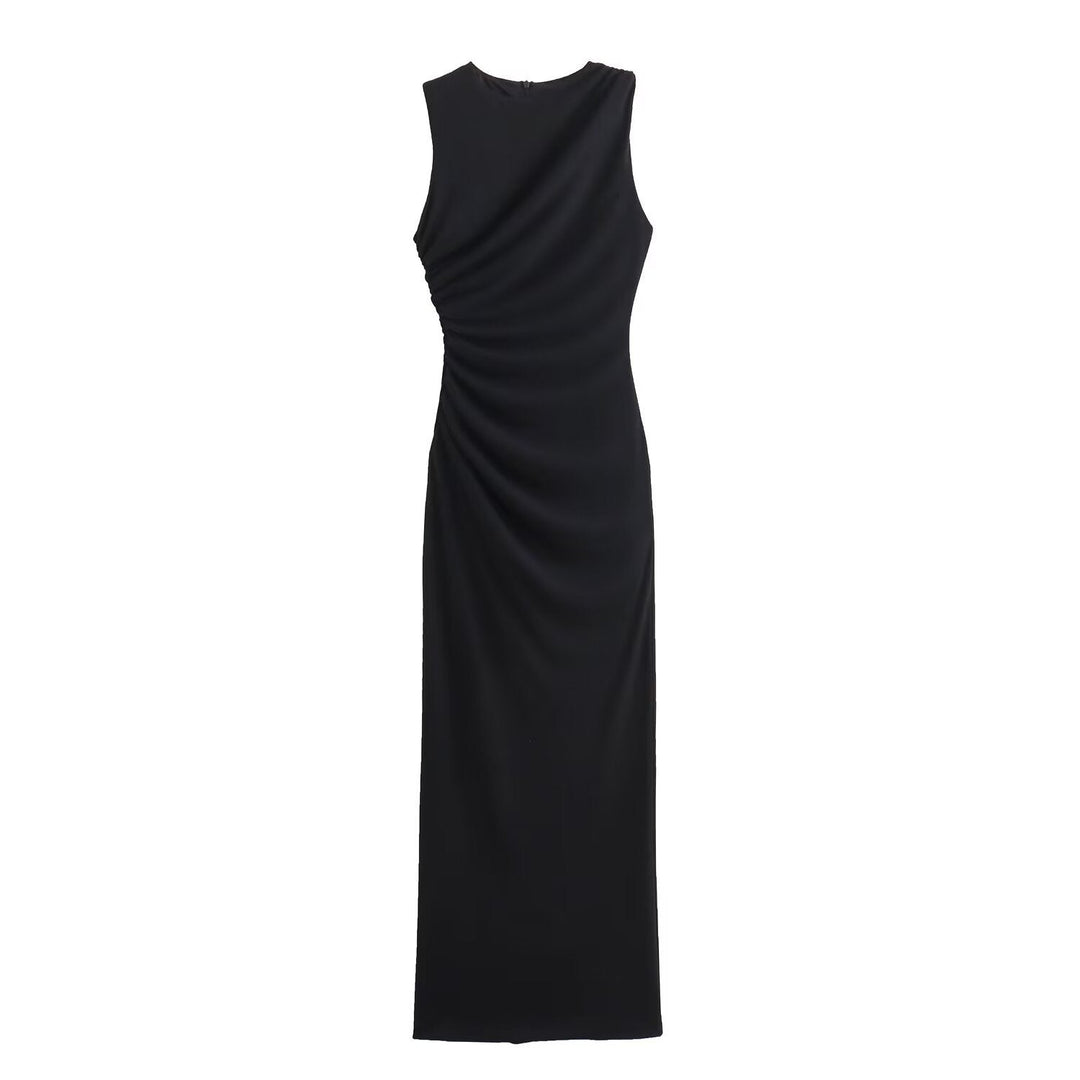 Mune Fashion | Solid Color Round Neck Sleeveless Folded Slim Fit Dress