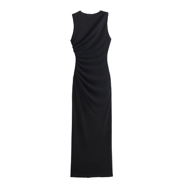 Mune Fashion | Solid Color Round Neck Sleeveless Folded Slim Fit Dress