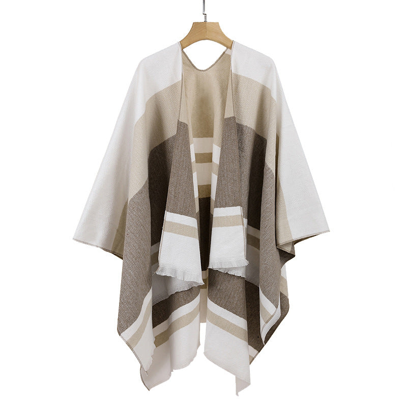 Women's Lightweight Cape Poncho made of fine knit with geometric block stripe design Mune Fashion