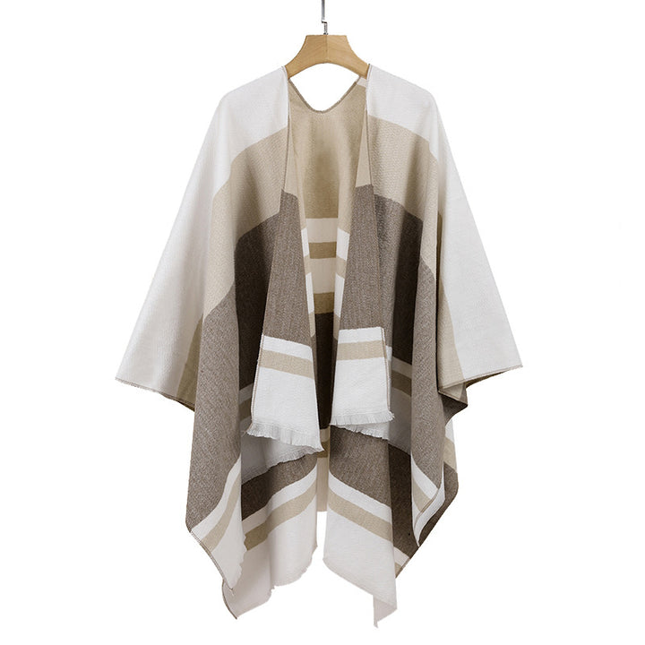 Women's Lightweight Cape Poncho made of fine knit with geometric block stripe design Mune Fashion