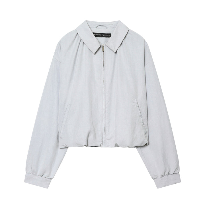Women’s short-cut bomber jacket with shirt collar, concealed zipper and elastic hem Mune Fashion