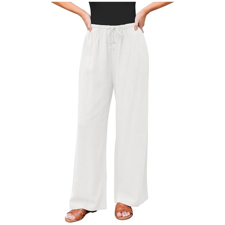 Women's wide linen pants with elastic waistband, drawstring and button placket Mune Fashion