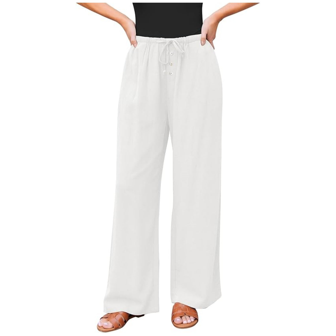 Women Linen-Look Pants with Wide Leg, Elastic Waist, Drawstring and Button Detail Mune Fashion