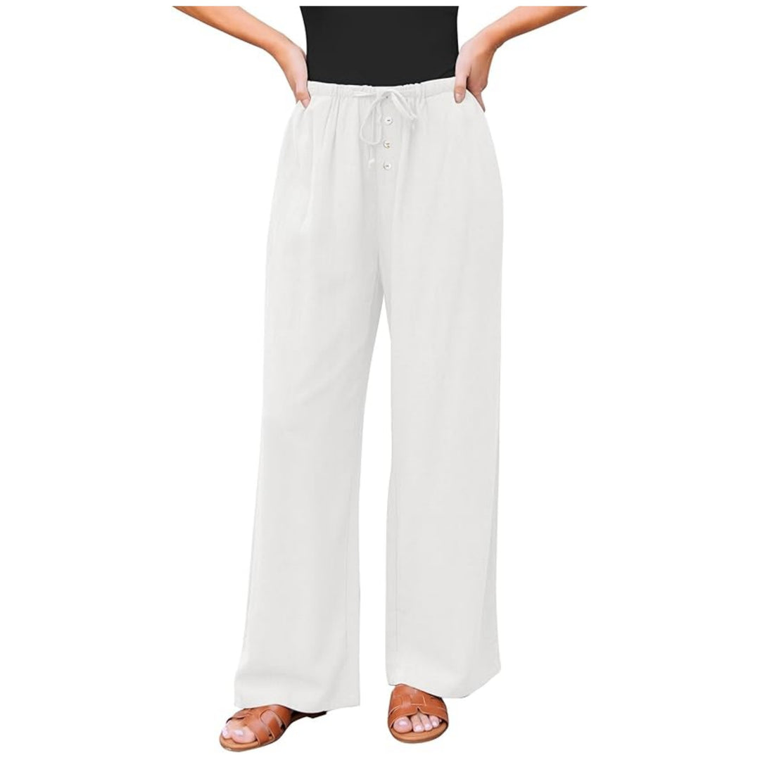 Women's wide linen pants with elastic waistband, drawstring, and button placket Mune Fashion