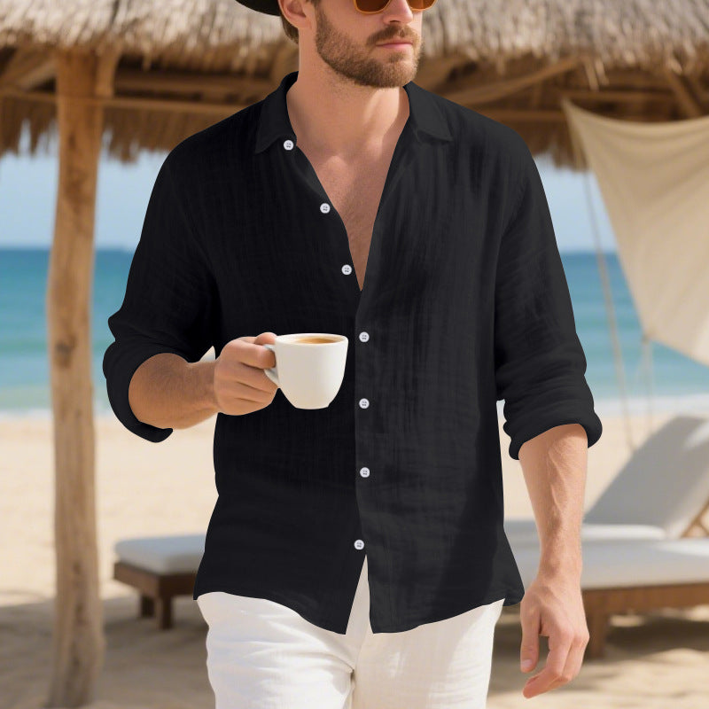 Men's casual linen shirt with open kent collar, rolled-up sleeves and rounded hem Mune Fashion