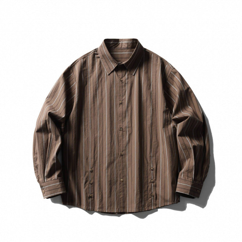 Unisex locker cut striped overshirt made of cotton blend with kent collar and side decorative button plackets Mune Fashion